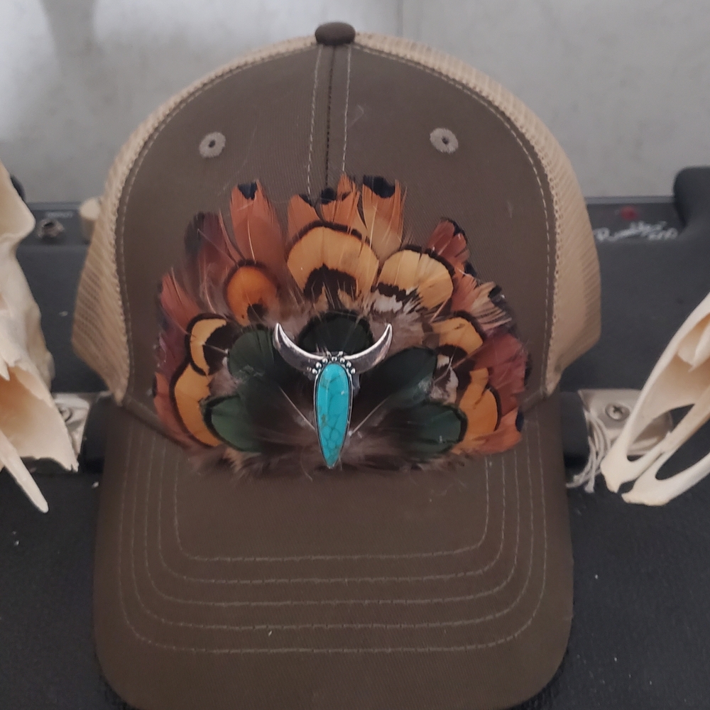 Feathered Cap with Turquoise Accent